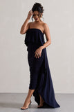 Upon A Time Navy Ruched Bandeau Midi Dress With Cape