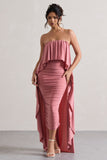 Upon A Time Blush Ruched Bandeau Midi Dress With Cape