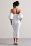 Keira White Bardot Puff-Sleeve Midi Dress