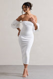 Keira White Bardot Puff-Sleeve Midi Dress
