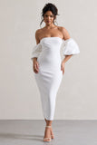 Keira White Bardot Puff-Sleeve Midi Dress