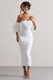 Keira White Bardot Puff-Sleeve Midi Dress