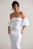 Keira White Bardot Puff-Sleeve Midi Dress