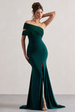 Fused Bottle Green Asymmetric Bardot Split Maxi Dress
