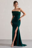Fused Bottle Green Asymmetric Bardot Split Maxi Dress