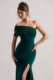 Fused Bottle Green Asymmetric Bardot Split Maxi Dress