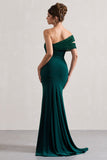 Fused Bottle Green Asymmetric Bardot Split Maxi Dress