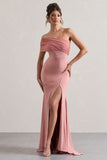Fused Blush Asymmetric Bardot Split Maxi Dress