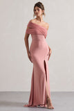 Fused Blush Asymmetric Bardot Split Maxi Dress