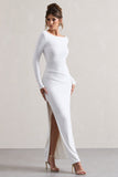 Virgo White Cowl-Back Long-Sleeve Split Maxi Dress