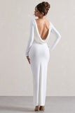 Virgo White Cowl-Back Long-Sleeve Split Maxi Dress