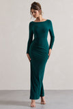 Virgo Bottle Green Cowl-Back Long-Sleeve Split Maxi Dress