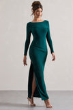 Virgo Bottle Green Cowl-Back Long-Sleeve Split Maxi Dress