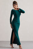 Virgo Bottle Green Cowl-Back Long-Sleeve Split Maxi Dress