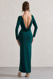 Virgo Bottle Green Cowl-Back Long-Sleeve Split Maxi Dress