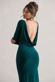 Virgo Bottle Green Cowl-Back Long-Sleeve Split Maxi Dress