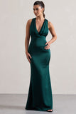 Tiffany Bottle Green Satin Plunge-Neck Maxi Dress