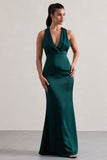 Tiffany Bottle Green Satin Plunge-Neck Maxi Dress