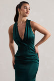 Tiffany Bottle Green Satin Plunge-Neck Maxi Dress