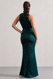 Tiffany Bottle Green Satin Plunge-Neck Maxi Dress