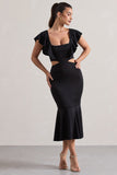 Macey Black Square-Neck Cut-Out Ruffled Midi Dress