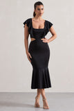 Macey Black Square-Neck Cut-Out Ruffled Midi Dress