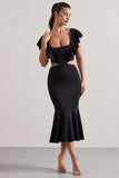 Macey Black Square-Neck Cut-Out Ruffled Midi Dress