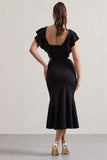 Macey Black Square-Neck Cut-Out Ruffled Midi Dress