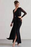 Chantilly Black Lace Asymmetric Cut-Out Draped Maxi Dress