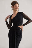 Chantilly Black Lace Asymmetric Cut-Out Draped Maxi Dress
