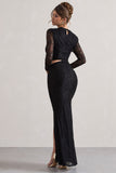 Chantilly Black Lace Asymmetric Cut-Out Draped Maxi Dress