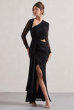 Chantilly Black Lace Asymmetric Cut-Out Draped Maxi Dress