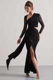 Chantilly Black Lace Asymmetric Cut-Out Draped Maxi Dress