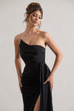 Hollywood Black Satin Strapless Draped Maxi Dress
