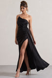 Hollywood Black Satin Strapless Draped Maxi Dress