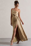 Hollywood Champagne Satin Strapless Draped Maxi Dress