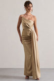 Hollywood Champagne Satin Strapless Draped Maxi Dress