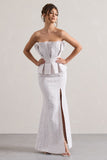 Kaleido White Lace Strapless Ruffled Split Maxi Dress