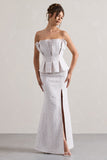 Kaleido White Lace Strapless Ruffled Split Maxi Dress