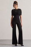 Endless Black Flared-Leg Jumpsuit With Lace Overlay