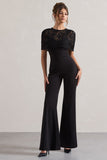 Endless Black Flared-Leg Jumpsuit With Lace Overlay