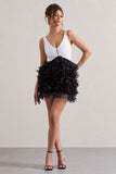 Riot Black & White Plunge-Neck Mini Dress With Organza Skirt