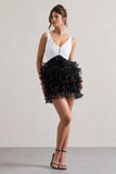 Riot Black & White Plunge-Neck Mini Dress With Organza Skirt