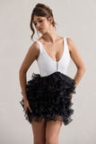 Riot Black & White Plunge-Neck Mini Dress With Organza Skirt