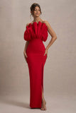 Set The Bar Red Ruffled Strapless Split Maxi Dress