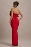 Set The Bar Red Ruffled Strapless Split Maxi Dress
