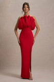 Set The Bar Red Ruffled Strapless Split Maxi Dress
