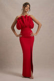 Set The Bar Red Ruffled Strapless Split Maxi Dress