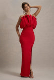 Set The Bar Red Ruffled Strapless Split Maxi Dress