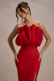 Set The Bar Red Ruffled Strapless Split Maxi Dress